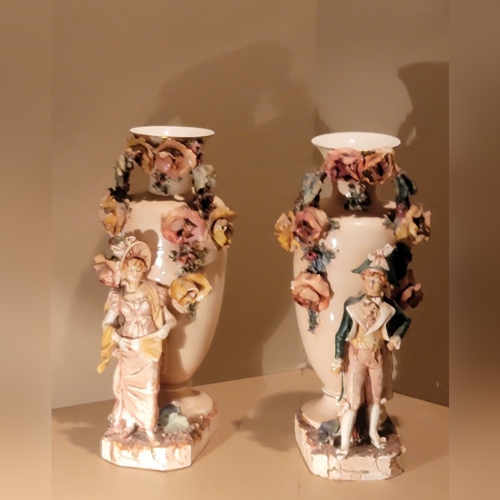 Elegant Vintage French Style  Floral Porcelain 14"  Vases with Figurines